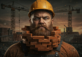 Poster - brutal builder of the future with brick elements . Generative AI
