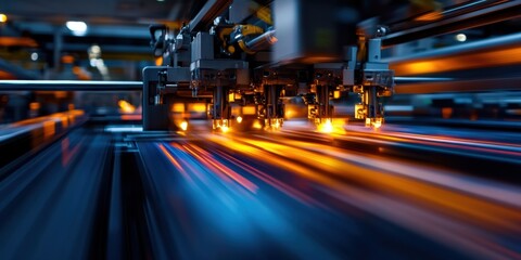 Poster - Innovative Machinery Transforms Raw Material Into a Vibrant Flow of Light and Energy in an Advanced Manufacturing Setting Generative AI