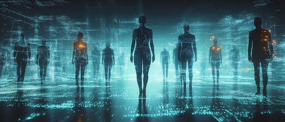 Poster - Futuristic business networking concept with interlinked human figures, representing professional relationships, teamwork, and digital collaboration in a sleek, hightech environment