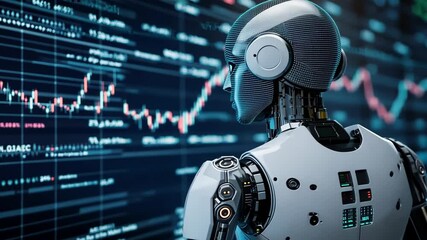 Poster - Robotic figure analyzing stock market data in a high-tech environment