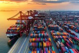 A vibrant aerial view of a busy cargo port at sunset, showcasing colorful shipping containers and cranes along the water.