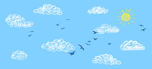 Wall Mural - cute cloudy sky with yellow sun and silhouette of a flock of birds. abstract navi background, elemen