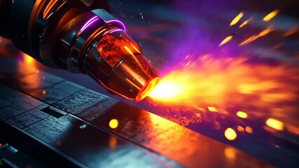 Poster - Device generates sparks while cutting metal in a workshop at night