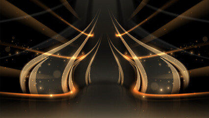 Wall Mural - black empty stage with golden glowing curve light lines effect, luxury feel vector illustration back