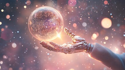 Wall Mural - Futuristic Illustration of AI with Robotic Hand Reaching for Holographic Globe Surrounded by Equations