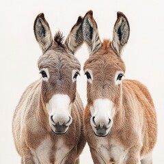 Canvas Print - a pair of donkeys standing close together, textured fur detailed, soft lighting, full-body shot, whi