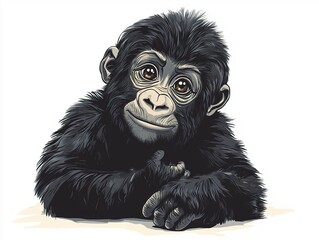Wall Mural - a playful little gorilla tilting its head curiously, its tiny hands resting on the ground, designed 