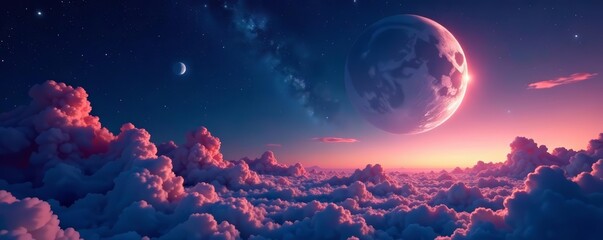 abstract cosmic scene with distant planet and moon in starry sky, moon, cosmic, starry