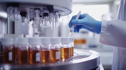 Aufkleber - A skilled scientist in a white lab coat carefully handles a pipette, transferring liquid into vials during intricate experiments in a modern laboratory featuring advanced equipment