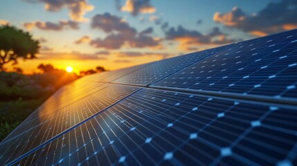 Poster - As the sun sets on the horizon, solar panels glisten in the fading light, capturing the day's last rays in a tranquil countryside. The sky is painted with vibrant hues, creating a perfect backdrop
