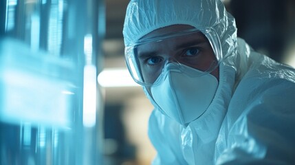 Poster - a dedicated scientist wearing protective gear focuses intently on intricate equipment in a lab fille