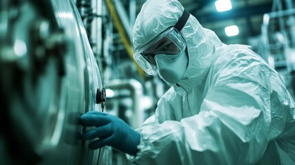 Aufkleber - Dressed in protective gear, a technician is focused on the control panel of complex machinery in a high-tech manufacturing environment. The atmosphere is sterile and precise