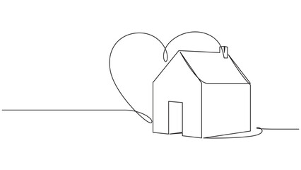 Minimalist continuous line drawing of a house with a heart shape backdrop. eps 10
