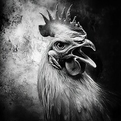 Wall Mural - a rooster crowing, beak open, sharp feather textures, dramatic lighting, full-body shot, white backg