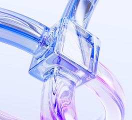 Poster - Gradient abstract glass 3d background. Crystal holographic transparent cube connected to lines. Blue and pink geometric shape with rainbow light texture. Render digital tech banner. 3D illustration