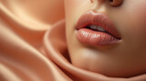 Close up of plump female lips and flowing silk beige fabric