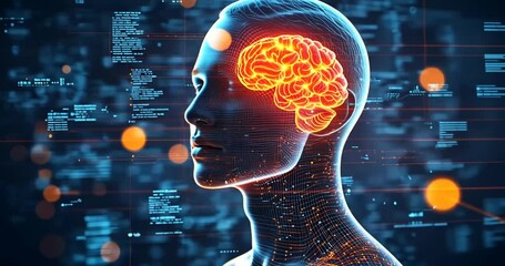 Glowing Humanoid Head with Orange Brain in Digital Data Stream