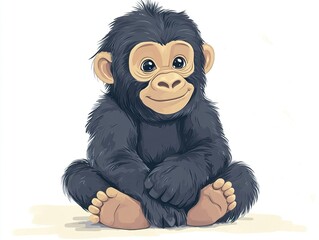 Wall Mural - a small, happy gorilla sitting with its legs tucked under, drawn in a soft vector style, its peacefu