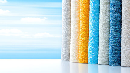 Poster - A collection of fabric rolls in various colors against a bright sky, showcasing texture and design for creative projects