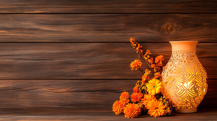 Poster - A decorative vase with intricate designs sits beside vibrant orange flowers, illuminating a rustic wooden background, creating a warm and inviting atmosphere