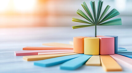 Poster - A colorful arrangement of paper shapes, resembling a stylized tree, symbolizes growth and creativity in a vibrant workspace