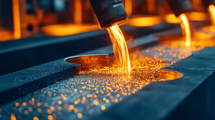 Aufkleber - Molten metal is poured into molds, creating a mesmerizing flow of glowing liquid, showcasing industrial manufacturing processes