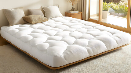 Poster - A cozy, inviting bedroom featuring a white mattress with decorative pillows, surrounded by natural light and minimalistic decor