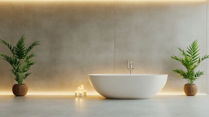 Poster - A modern bathroom featuring a sleek white bathtub, minimalist decor, and vibrant green potted plants against a soft-lit wall