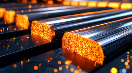Aufkleber - A close-up view of glowing metal bars, showcasing intricate textures and vibrant orange hues, highlighting industrial processes