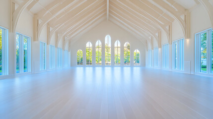 Poster - A spacious, light-filled hall with high vaulted ceilings and large windows, creating an airy and serene atmosphere