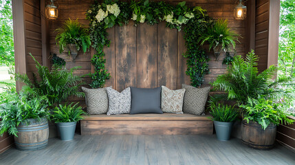 Poster - A serene outdoor seating area adorned with lush greenery, decorative pillows, and wooden elements, creating a cozy and inviting atmosphere