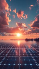 Poster - Golden rays dance on reflective solar panels while clouds color the sky in hues of orange and pink. A tranquil setting at dusk invites serenity and environmental harmony