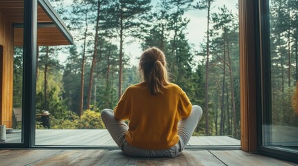 Aufkleber - Nestled in a tranquil cabin, a woman sits cross-legged on a wooden floor, soaking in nature's beauty as towering trees surround her in peaceful silence. The light casts a warm glow