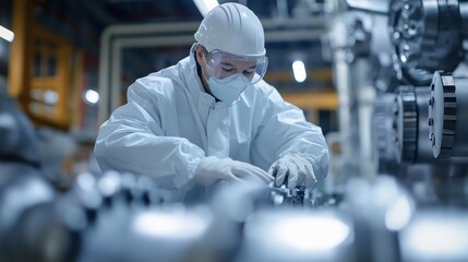 Poster - In a busy manufacturing environment, a dedicated technician in protective gear focuses intently on assembling intricate mechanical parts, ensuring precision and quality