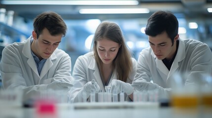 Poster - three dedicated young researchers, dressed in lab coats and gloves, focus intently on their experime