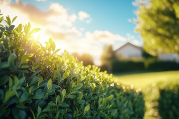 Wall Mural - green hedge shines in the sun with grass, sky and house at background. perfect to show summer, sunsh