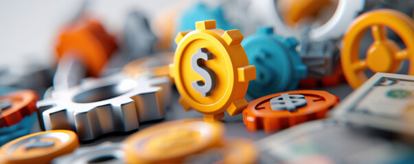 Poster - collection of colorful currency symbols and gears represents financial transactions and economic concepts. image conveys sense of dynamic movement and complexity