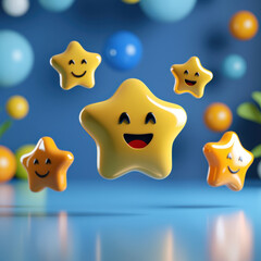 Poster - Cheerful yellow stars with smiling faces float against vibrant blue background, creating playful and joyful atmosphere. scene is filled with colorful spheres adding to lively mood