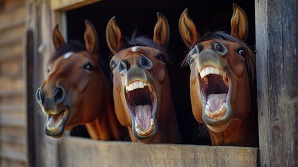 Canvas Print - three playful horses press their heads together, their toothy grins and silly expressions creating a