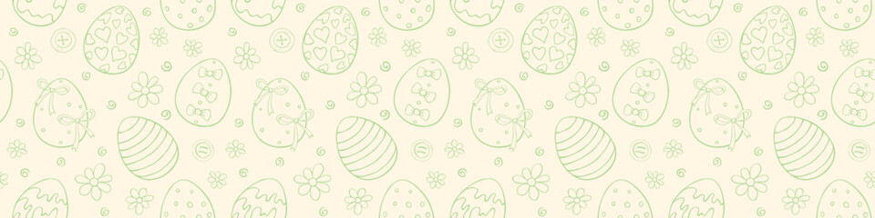 Wall Mural - Vector seamless pattern with outline Easter eggs, flowers. Spring hand drawn doodle, holiday tradition backgrounds and textures with decorative elements