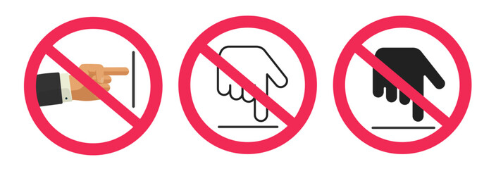Poster - Do not touch stop sign icon vector simple graphic illustration set, dont push press hand with finger forbidden prohibit warning caution symbol pictogram shape image clip art line stroke outline solid