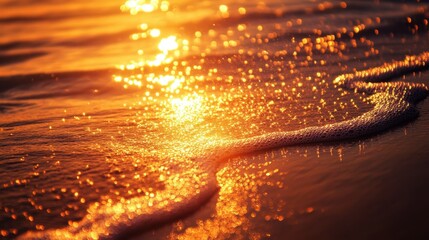Wall Mural - golden sunset reflecting on gentle ocean wave approaching the shore. great for inspirational content