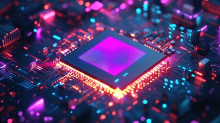 Poster - Colorful lights illuminate a microprocessor on a circuit board, showcasing intricate patterns and technology in action