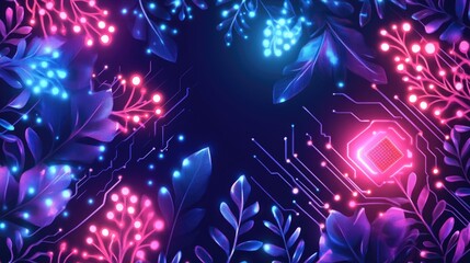 Poster - Bright lights and intricate plant designs blend with circuit motifs to create a captivating digital composition in a unique visual style
