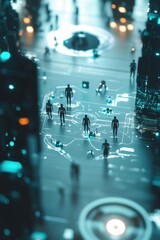 Poster - Digital cityscape with glowing lines and silhouettes of people i