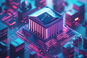 Poster - Complex structure sits atop vibrant circuit board, illuminated w