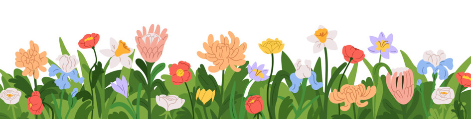 Poster - Floral border. Flower blossoms with leaves, horizontal decoration. Natural spring and summer garden design. Gorgeous blooming plants mix, banner. Flat vector illustration isolated on white background
