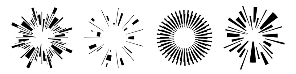 Wall Mural - black vector shapes collection isolated on white background. abstract circular patterns. rays, beams