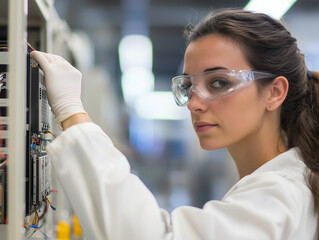 Poster - close up side angle of woman technician wearing protective eyewear and gloves, working attentively with electronic equipment in laboratory setting