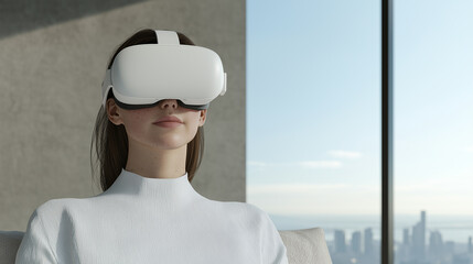 Aufkleber - Woman wearing VR goggles immersed in virtual reality experience indoors, relaxing calmly in modern minimalistic interior with cityscape background